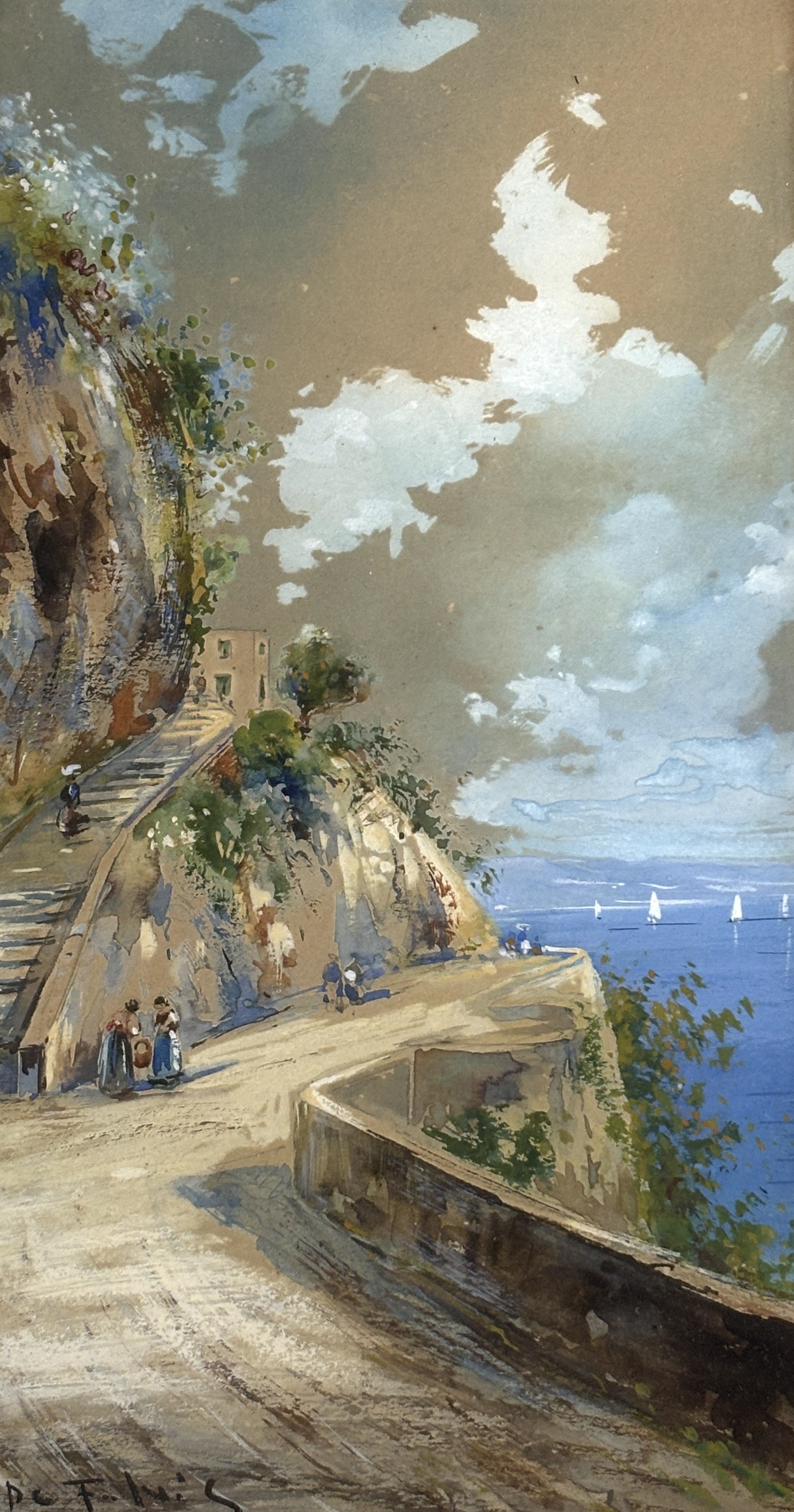 De Fulvis (Italian, 19/20th. C), heightened gouache, Neapolitan view, signed, 29 x 15cm